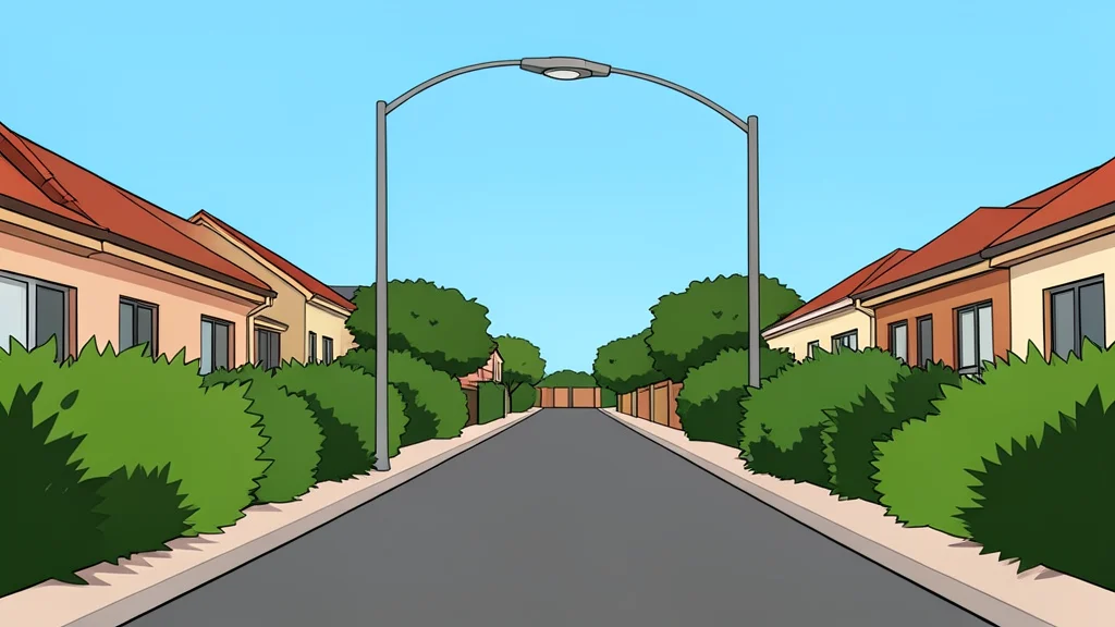 A quiet residential street in a South African suburb with overgrown shrubs and a single streetlamp