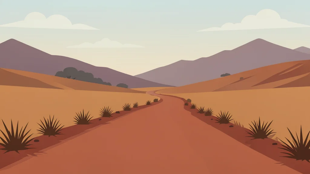 A dusty red-earth road winding through the highlands of Ethiopia, flanked by dry grass and distant mountains under a hazy sky.