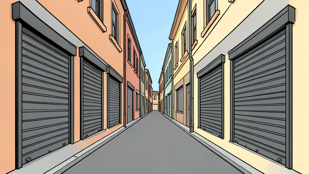 A row of closed metal shutters in a narrow market street