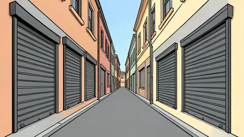 A row of closed metal shutters in a narrow market street