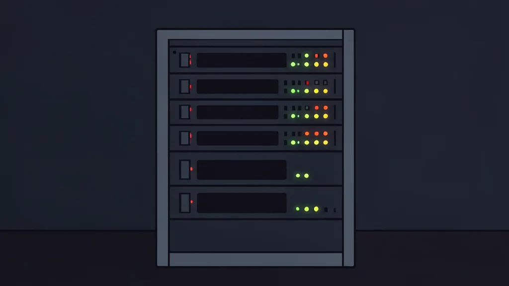 A server rack with blinking status lights in a dark room