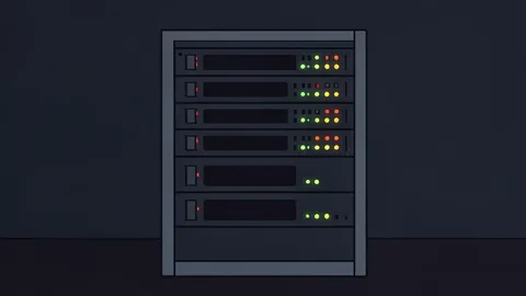 A server rack with blinking status lights in a dark room