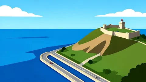 A coastal landscape with a shipping lane and a fortified hilltop position overlooking the sea