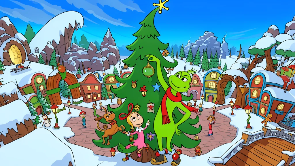 A colorful, stylized Christmas tree standing in a snowy village square