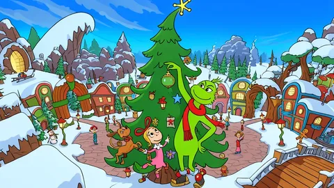 A colorful, stylized Christmas tree standing in a snowy village square