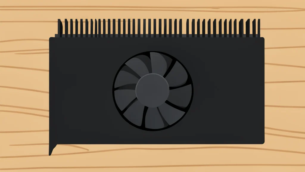 A black graphics card with a large cooling fan and metal heatsink fins resting on a wooden desk