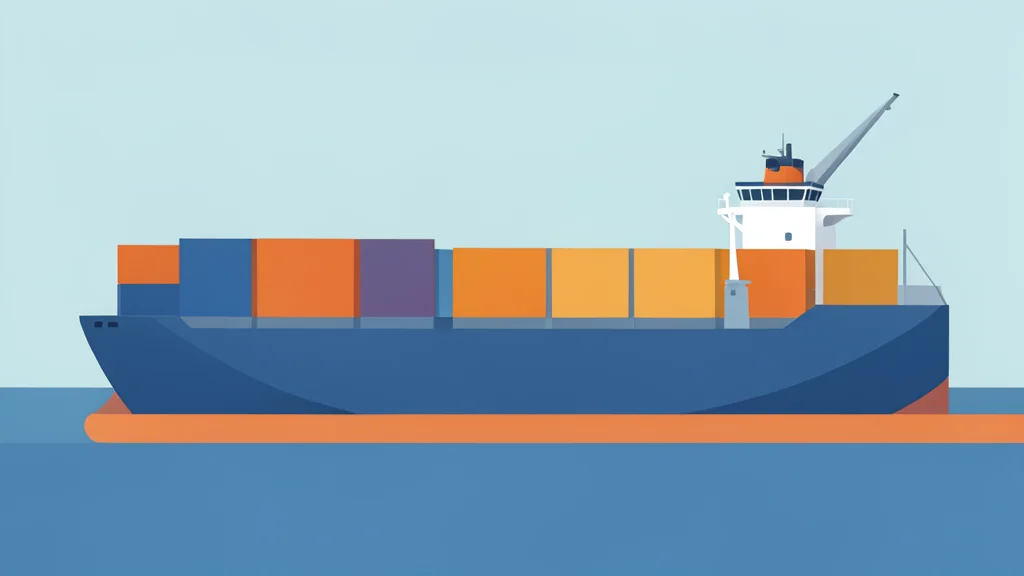A flat vector illustration of a large cargo ship loaded with colorful shipping containers docked at a port.