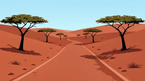 A dusty red-earth road winding through a dry, hilly landscape with sparse acacia trees.