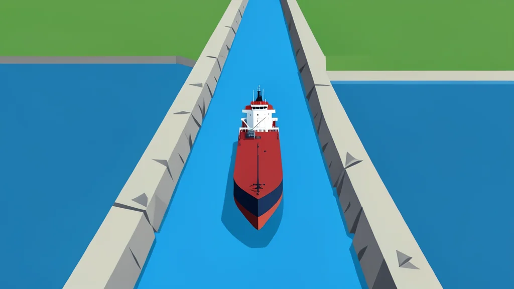 A narrow rocky strait connecting two bodies of water with a single oil tanker navigating through the channel