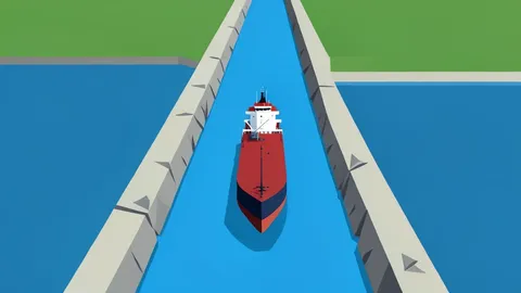 A narrow rocky strait connecting two bodies of water with a single oil tanker navigating through the channel
