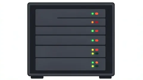 A dark server rack with blinking status lights