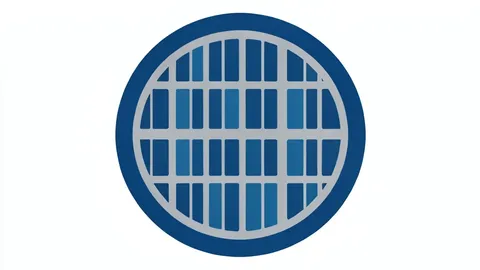 A flat-vector illustration of a silicon wafer featuring a precise grid of integrated circuits.