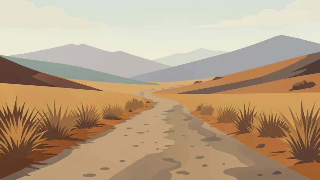 A flat vector illustration of a dusty road winding through the Ethiopian highlands, flanked by dry grass and distant mountains under a hazy sky.