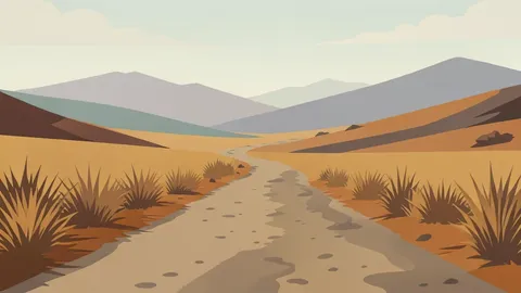 A flat vector illustration of a dusty road winding through the Ethiopian highlands, flanked by dry grass and distant mountains under a hazy sky.