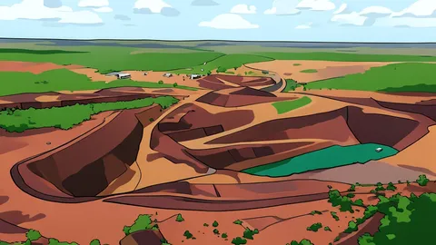 A large open-pit gold mine with heavy excavation equipment and a processing plant in a remote landscape