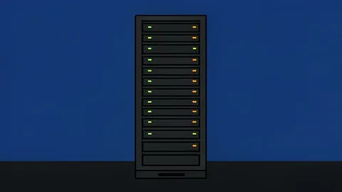 A server rack with blinking status lights in a dark data center