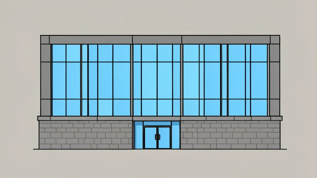 A modern government ministry building facade with large glass windows and a stone base.