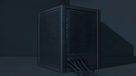 A row of industrial server racks with blinking status lights in a dimly lit data center