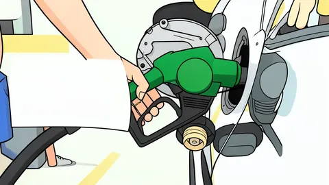 A row of fuel pumps at a gas station under a clear sky.