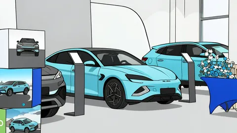 A row of modern electric vehicles parked in a dealership lot