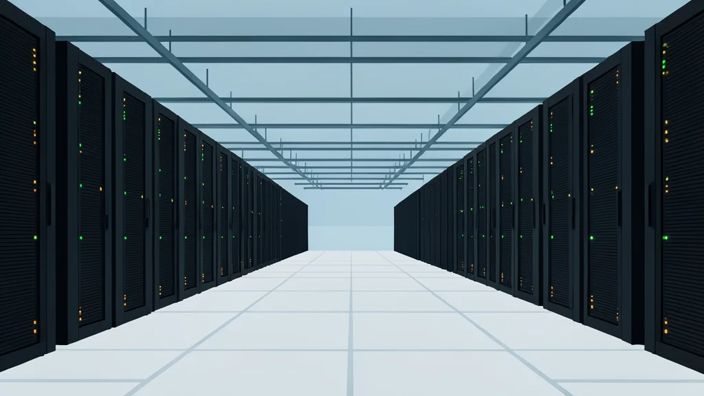 Rows of tall, black server racks with blinking status lights inside a large, air-conditioned facility