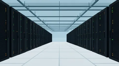 Rows of tall, black server racks with blinking status lights inside a large, air-conditioned facility