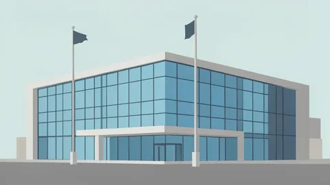 A large, modern institutional building with a glass facade and a flagpole in front