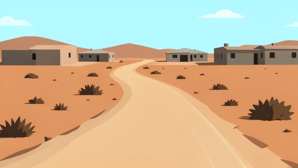 A dusty, unpaved road winding through a semi-arid landscape with low-rise concrete buildings in the distance