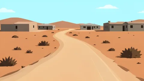 A dusty, unpaved road winding through a semi-arid landscape with low-rise concrete buildings in the distance