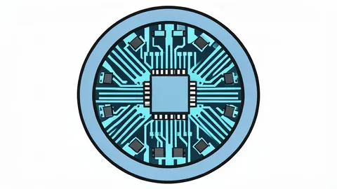 A flat vector illustration of a silicon wafer featuring a grid of integrated circuits.