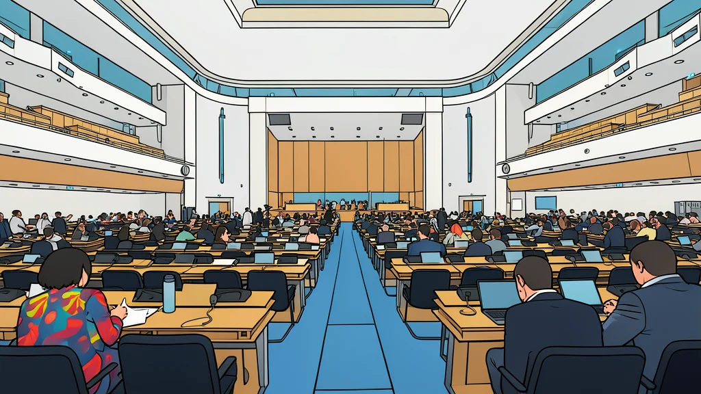 A large modern institutional building with a glass facade and central entrance, representing a UN council chamber.