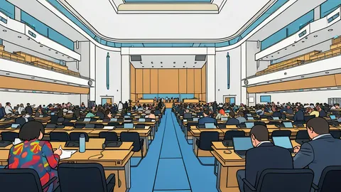 A large modern institutional building with a glass facade and central entrance, representing a UN council chamber.