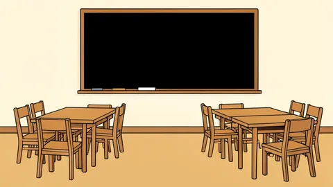 A flat vector illustration of a kindergarten classroom featuring small wooden chairs arranged in a row and a simple blackboard on the wall.