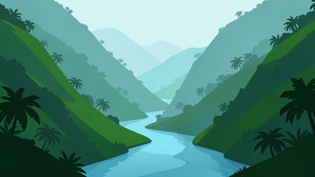 A dense, misty tropical river valley with steep green hillsides and a winding waterway