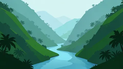 A dense, misty tropical river valley with steep green hillsides and a winding waterway