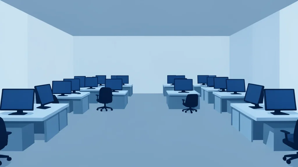 A flat-vector illustration of a trading floor with rows of empty desks and computer monitors, devoid of any text or numbers.