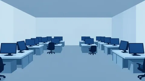 A flat-vector illustration of a trading floor with rows of empty desks and computer monitors, devoid of any text or numbers.