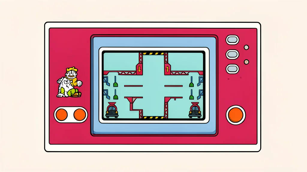 A retro handheld electronic device with a segmented LCD screen and physical buttons