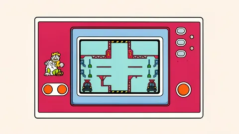A retro handheld electronic device with a segmented LCD screen and physical buttons