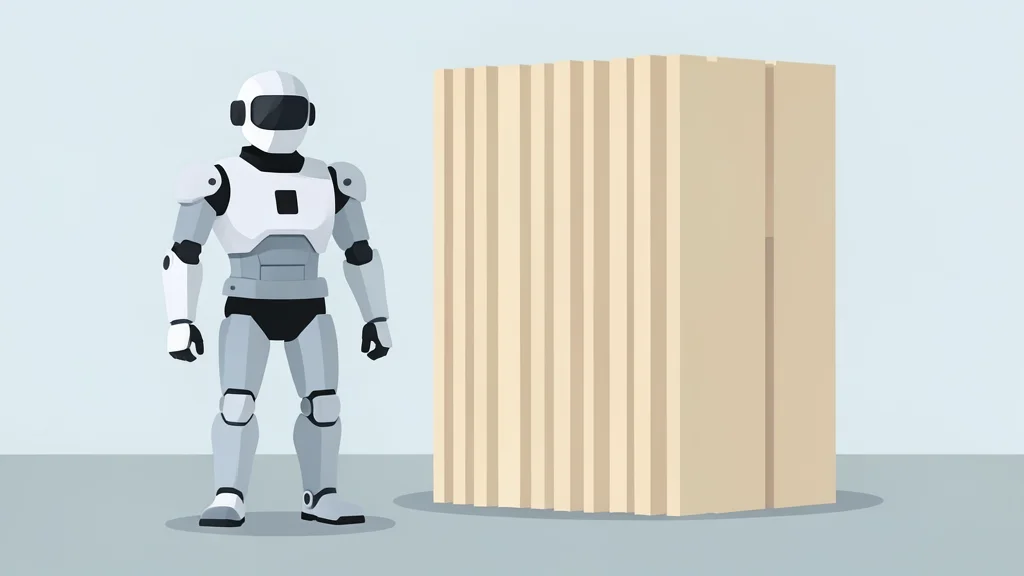 A humanoid robot standing on a factory floor next to a stack of wooden modular housing panels
