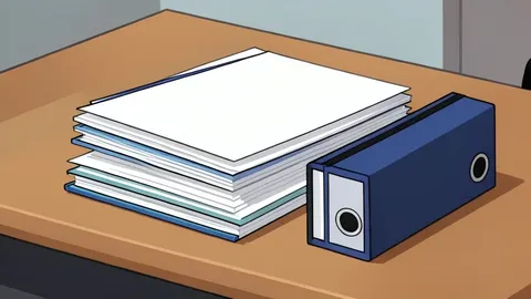 A stack of paper files and binders on a wooden desk in an office