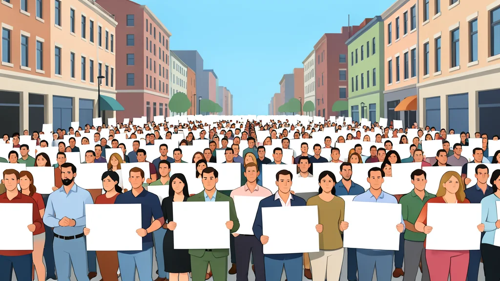 A large crowd of people holding blank white placards in a city square