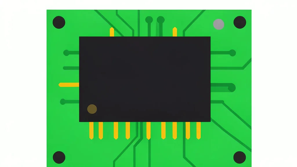 A close-up of a black rectangular computer memory chip with gold contact pins along the bottom edge, resting on a green circuit board.