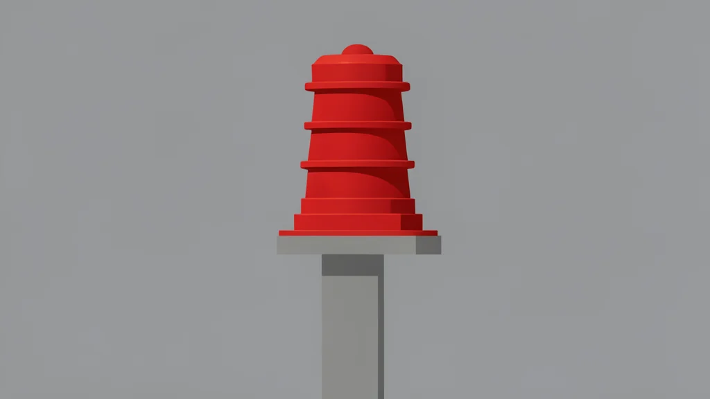 A red civil defense siren mounted on a concrete pole against a grey sky