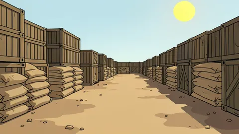 A dusty, open-air military storage yard with rows of stacked crates and sandbags under a harsh sun