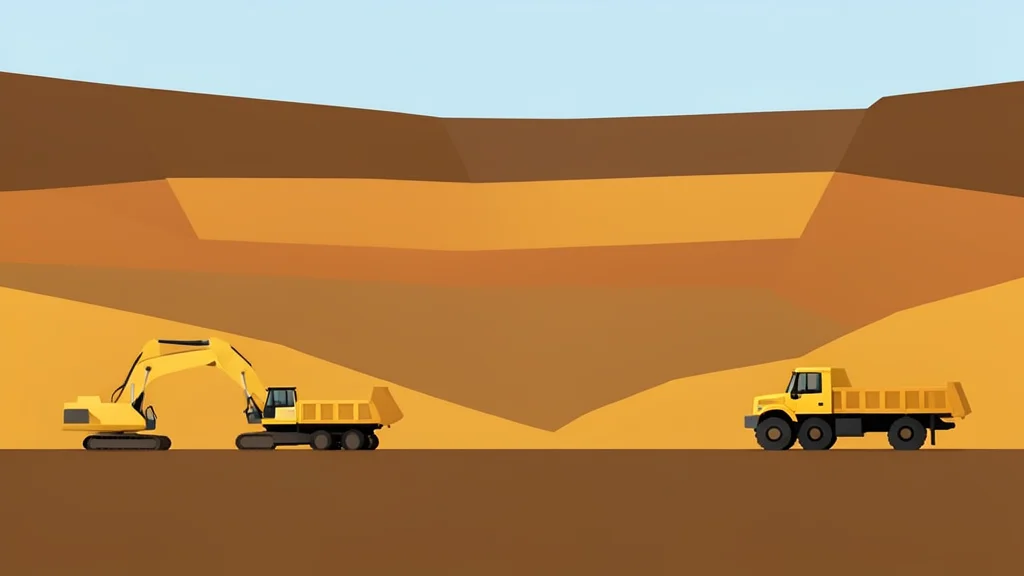 An open-pit gold mine with terraced earth walls and heavy mining machinery