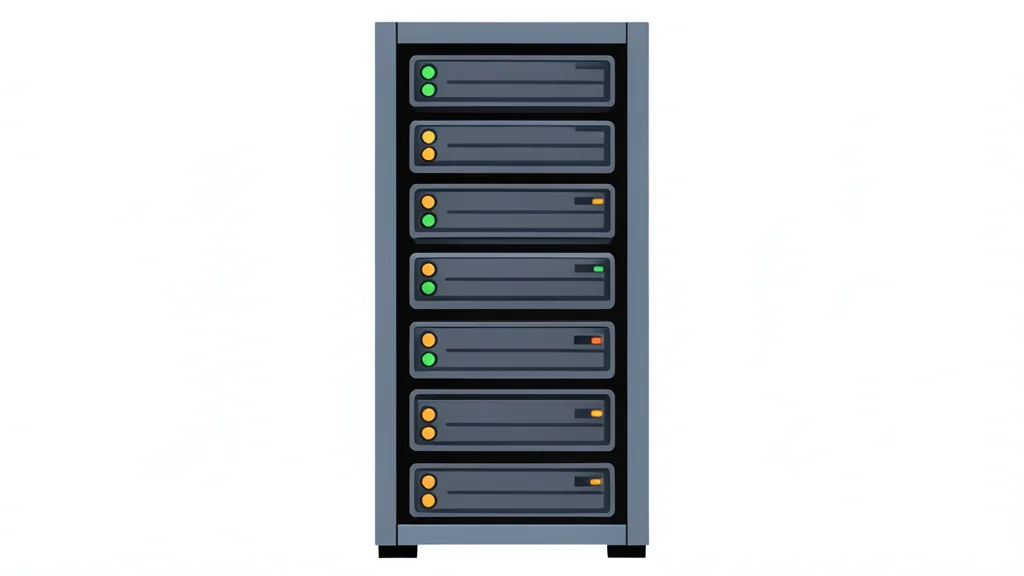 A flat vector illustration of a server rack with blinking status lights
