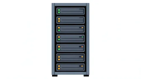 A flat vector illustration of a server rack with blinking status lights