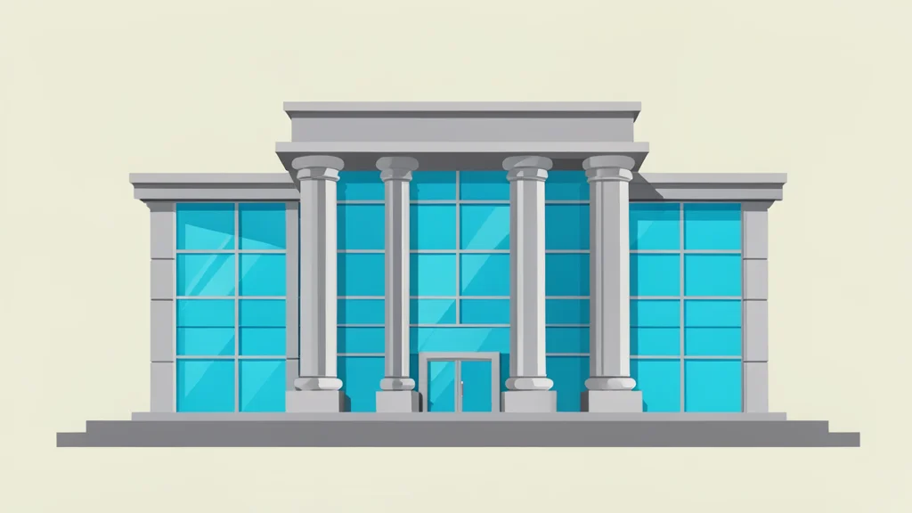 A modern central bank building featuring a large glass facade and sturdy stone columns.
