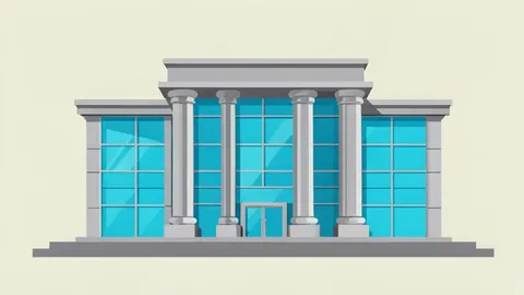 A modern central bank building featuring a large glass facade and sturdy stone columns.